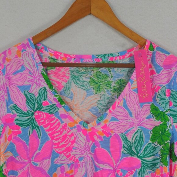 Lilly Pulitzer Women's Etta V-Neck Top L Pink Tigers Lair Floral Print - Picture 8 of 11